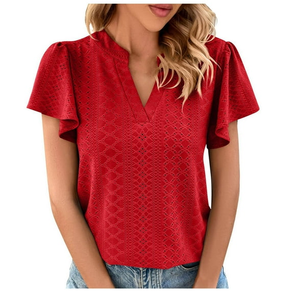 Mittory Womens Dressy Casual Eyelet Blouses Shirts V Neck Trendy Business Casual Summer Tops
