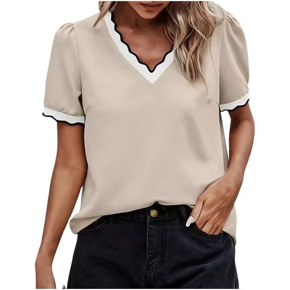 Mittory Womens Dressy Casual Long Sleeve Top V Neck Work Blouse Scalloped Business Shirts Fall Clothes