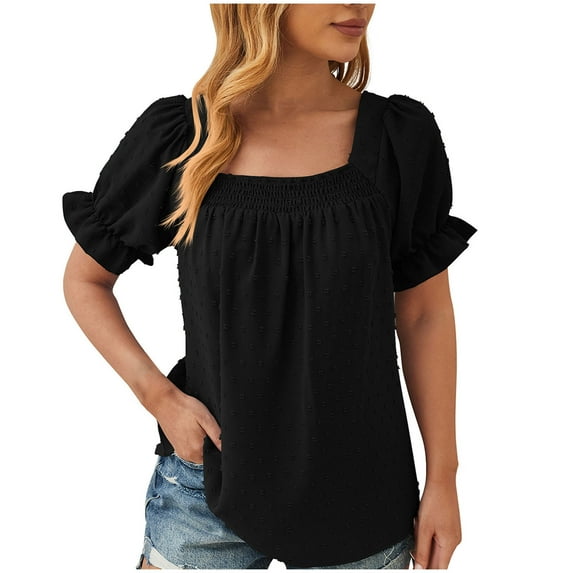 Mittory Womens Dressy Casual Summer Tops Pom Pom Flowy Blouse Puff Sleeve Babydoll Tops