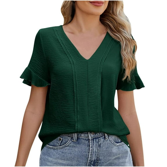 Mittory Womens Dressy Casual Tops Ruffle Short Sleeve Business Work Blouses V Neck Summer Shirts
