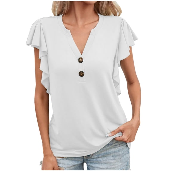 Mittory Womens Dressy Casual Tops Ruffle Short Sleeve V Neck Shirts Elegant Business Work Blouse
