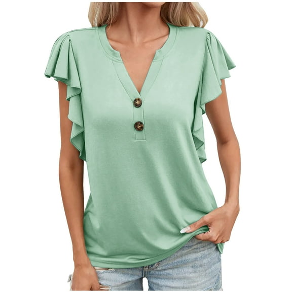 Mittory Womens Dressy Casual Tops Ruffle Short Sleeve V Neck Shirts Elegant Business Work Blouse