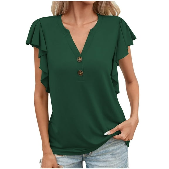 Mittory Womens Dressy Casual Tops Ruffle Short Sleeve V Neck Shirts Elegant Business Work Blouse