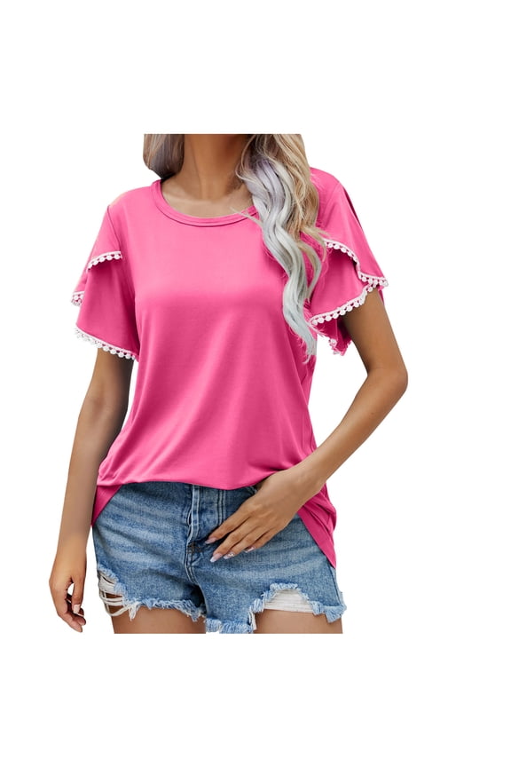 Womens Dressy Casual Tops Ruffle Sleeve Blouses Crew Neck Summer Shirts Cute Keyhole Back Work Top