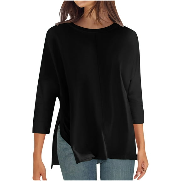 Mittory Womens Elbow Length Sleeve Tops with Side Slit Oversized Tees Solid Crew Neck Basic Casual Loose Tunic Tops Tshirt