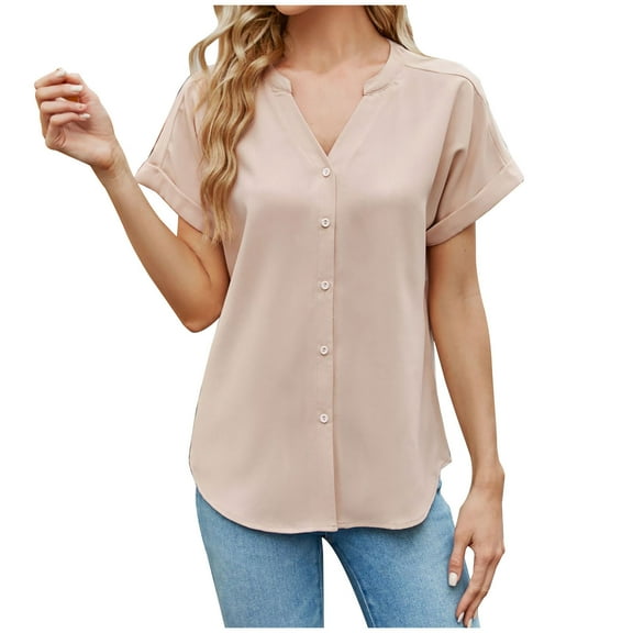 Mittory Womens Fall V Neck Button Shirt Casual Loose Blouse Short Sleeve Open Front Cardigan Work Office Tunic Tops