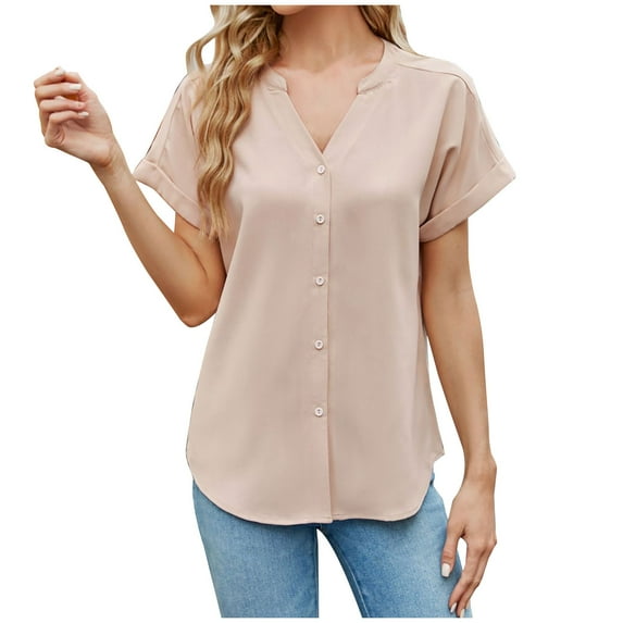 Mittory Womens Fall V Neck Button Shirt Casual Loose Blouse Short Sleeve Open Front Cardigan Work Office Tunic Tops