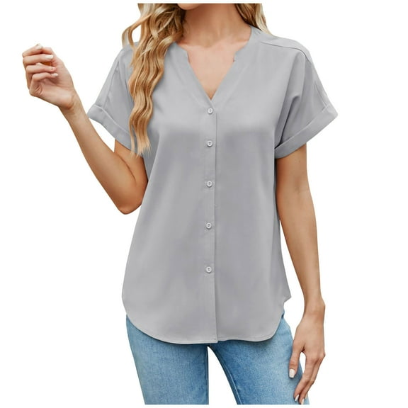 Mittory Womens Fall V Neck Button Shirt Casual Loose Blouse Short Sleeve Open Front Cardigan Work Office Tunic Tops