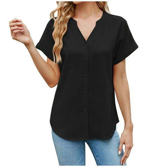 Mittory Womens Fall V Neck Button Shirt Casual Loose Blouse Short Sleeve Open Front Cardigan Work Office Tunic Tops