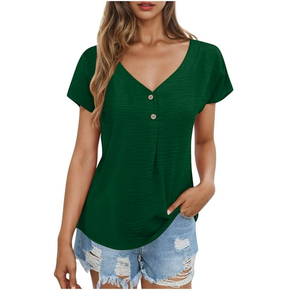 Mittory Womens Henley Tunic Tops Button Up Tshirts Short Sleeve V Neck Casual Blouses