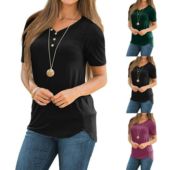 Mittory Womens Henley Tunic Tops Button Up Tshirts Short Sleeve Vneck Casual Blouses