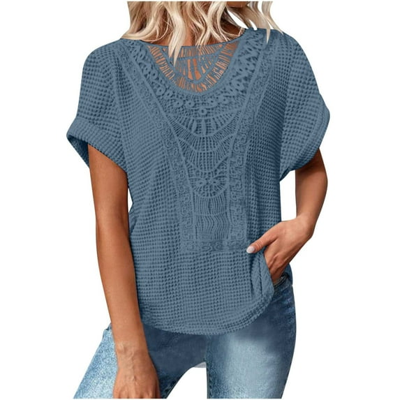 Mittory Womens Lace Short Sleeve Shirts Texture Tops Causal Crewneck Tops Fashion Tunic Blouses Summer Loose Shirts