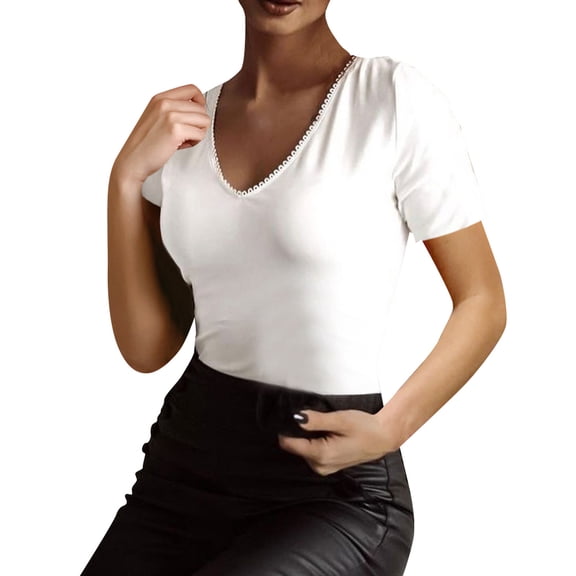 Mittory Womens Lace Trim V Neck Tops Dressy Casual Short Sleeve Hollow Out Tees Summer Tee