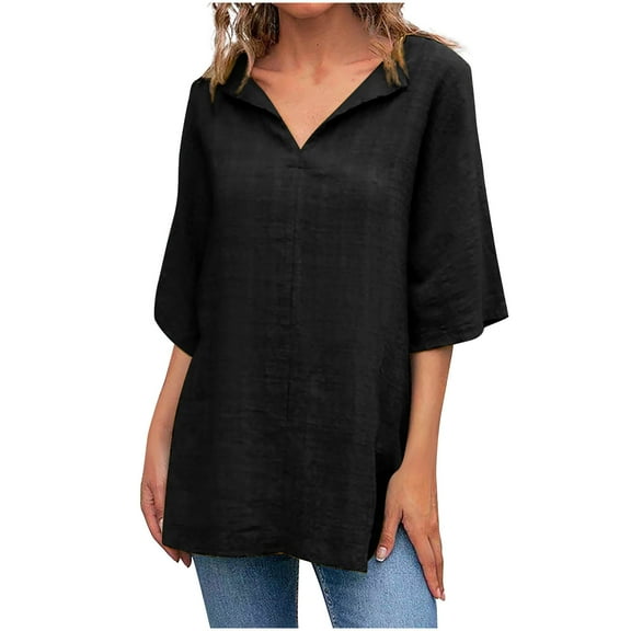 Mittory Womens Linen Shirts V Neck Roll Up Cuffed Sleeve Blouses Loose Shirt Casual Work Office Tops