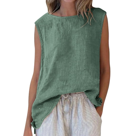 Mittory Womens Linen Tank Tops Loose Fit Comfy Lounge Wear Summer Sleeveless Crewneck Basic Camisole Lightweight Shirts