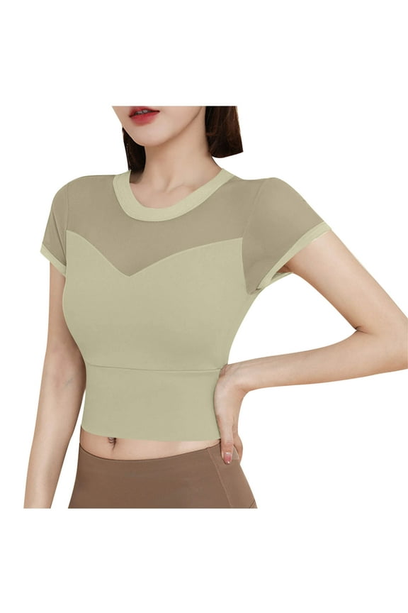 Womens Mesh Short Sleeve Crop Tops Round Neck Sexy Sheer Tee Shirts Bottom Patchwork Slim Sporting Yoga Tshirts