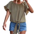 thumbnail image 1 of Mittory Womens Off The Shoulder Tops Puff Short Sleeve Tie Knot Front Loose Fit Ruffle Shirts Blouses, 1 of 8