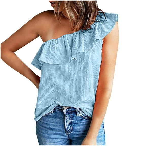 Mittory Womens One Shoulder Tops Ruffled Solid Tunic Shirts Sleeveless Loose Tank Top