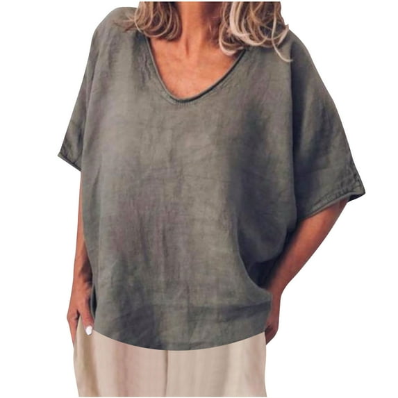 Mittory Womens Oversized T Shirts Ribbed Trim V Neck Short Sleeve Tops Summer Cotton Tees Loose Fit