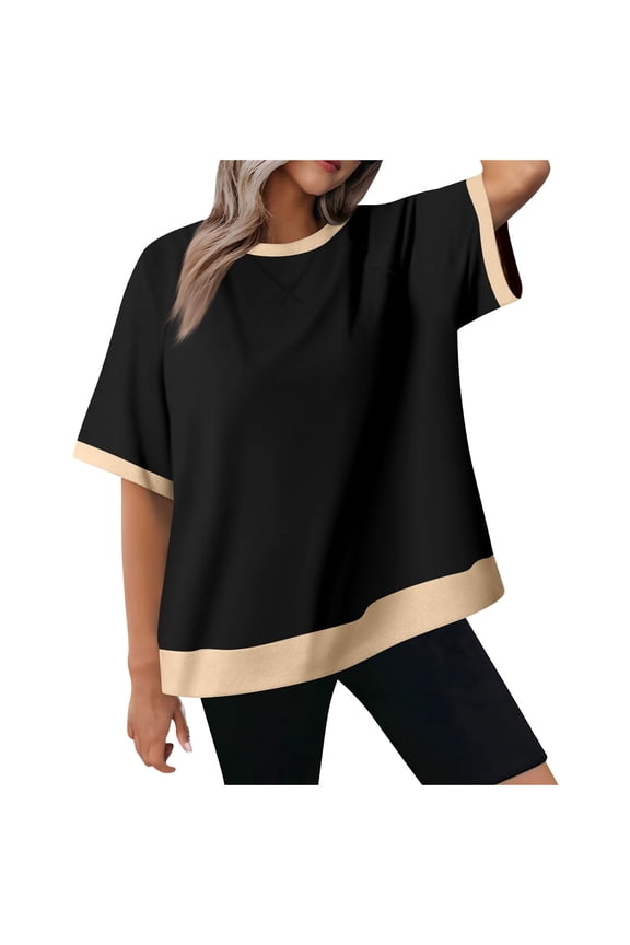 Womens Oversized T Shirts Short Sleeve Crewneck Colorblock Summer Casual Loose Tee Tops Fashion Trendy Clothes