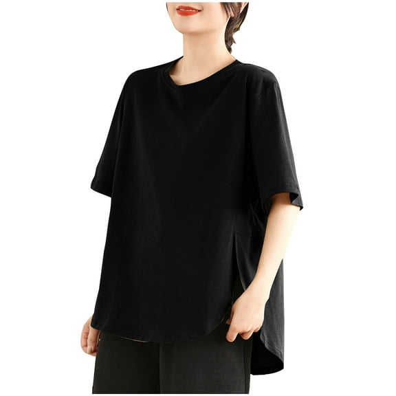 Mittory Womens Oversized Tee Side Split Short Sleeve T Shirt Solid Crew Neck Loose Top