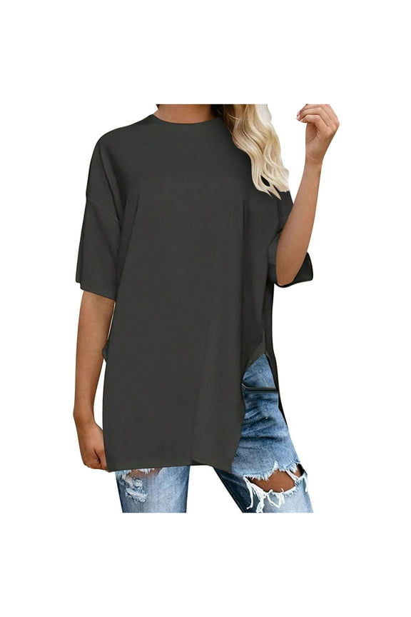 Womens Oversized Tee Side Split Short Sleeve T Shirt Solid Crew Neck Loose Top