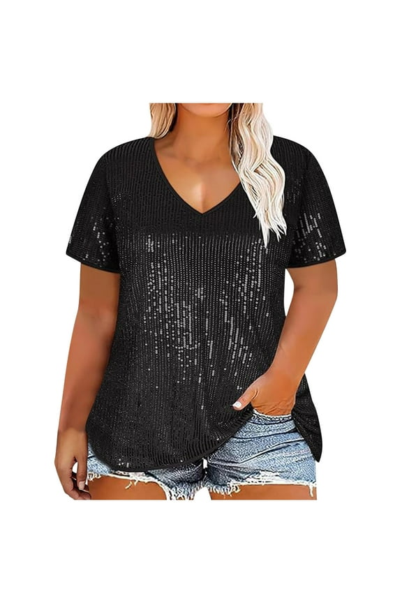 Womens Plus Size Sequin Tops Short Sleeve Glitter Sparkly Party Blouse V-Neck Dressy Tops for Evening Party