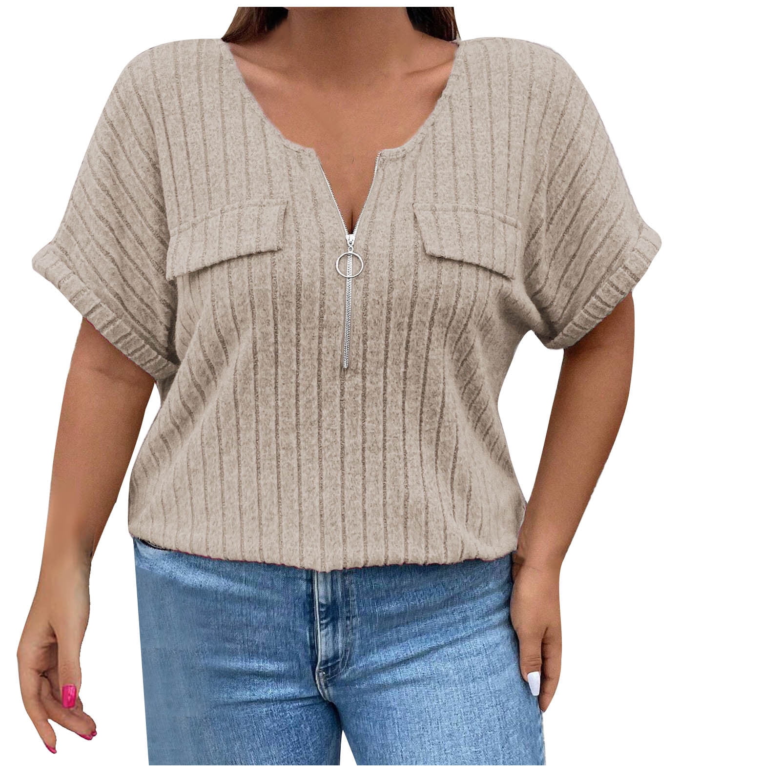 Mittory Womens Plus Size Short Sleeve Zipper V Neck Tops Solid Color ...