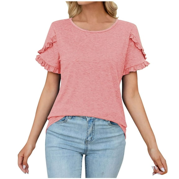 Mittory Womens Plus Size Smocked Ruffle Sleeve T Shirts Summer Crew Neck Dressy Casual Tunic Tops Loose Fit Tee