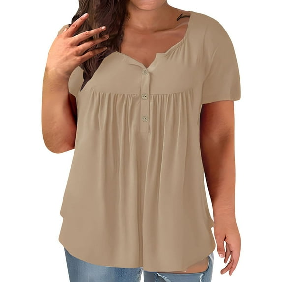 Mittory Womens Plus Size Summer Tops Short Sleeve Button Shirts Casual Loose Fit Tunic Trendy Scoop Neck Ladies Blouses