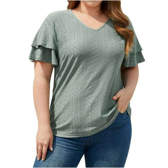 Mittory Womens Plus Size T Shirt V Neck Loose Fit Ruffle Sleeve Summer Hollow Casual Tops Blouse
