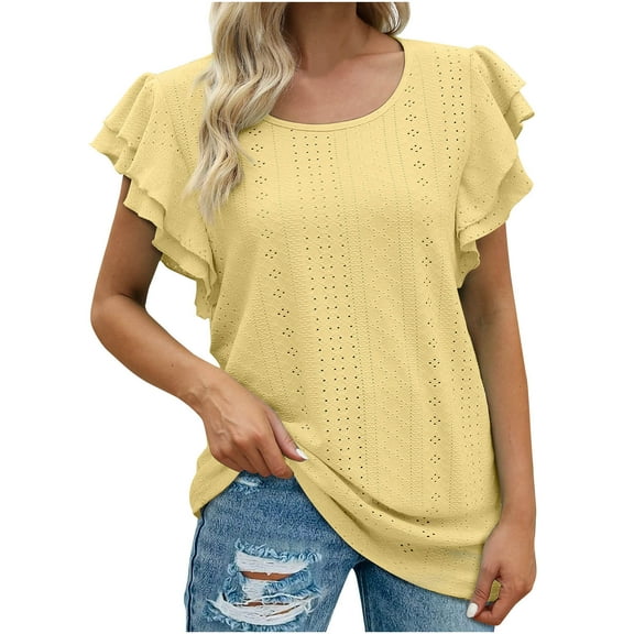 Mittory Womens Plus Size T Shirt V Neck Loose Fit Ruffle Sleeve Summer Hollow Casual Tops Blouse
