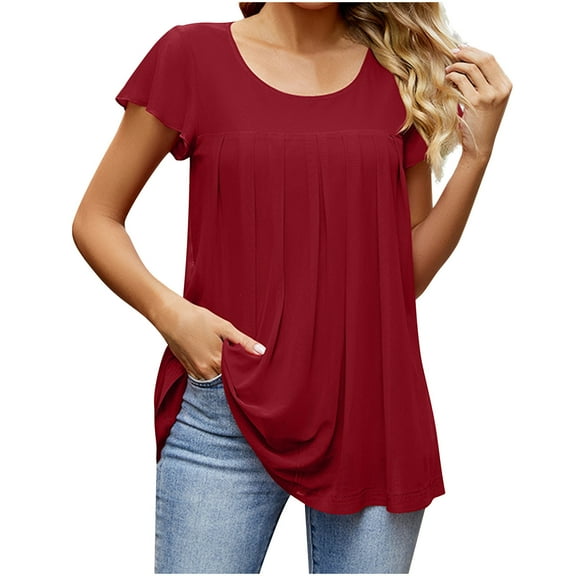 Mittory Womens Plus Size Tops Dressy Casual Summer Chiffon Blouses Crew Neck Short Sleeve Shirts Business Pleated Tunics