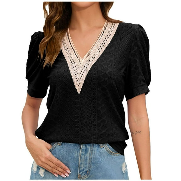 Mittory Womens Plus Size Tops Lace V Neck Petal Short Sleeve Blouse Eyelet Hollow Dressy Casual T Shirts