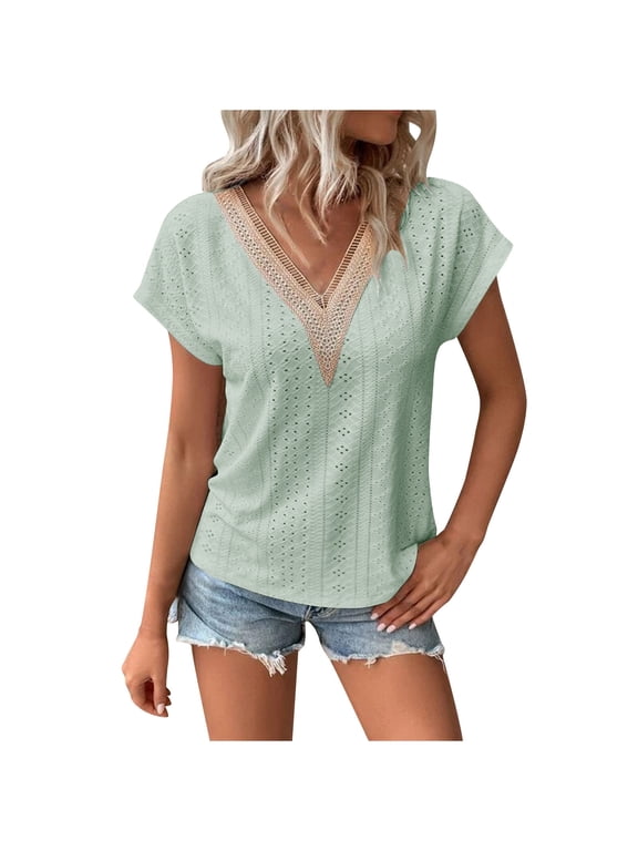 Womens Plus Size Tops Lace V Neck Petal Short Sleeve Blouse Eyelet Hollow Dressy Casual T Shirts