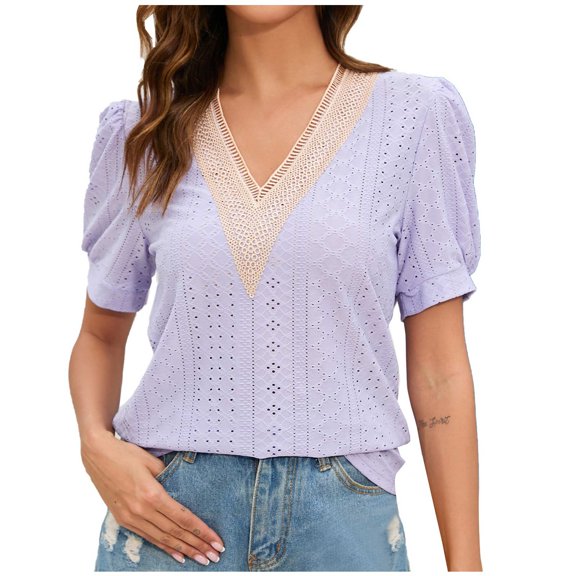 Mittory Womens Plus Size Tops Lace V Neck Petal Short Sleeve Blouse Eyelet Hollow Dressy Casual T Shirts