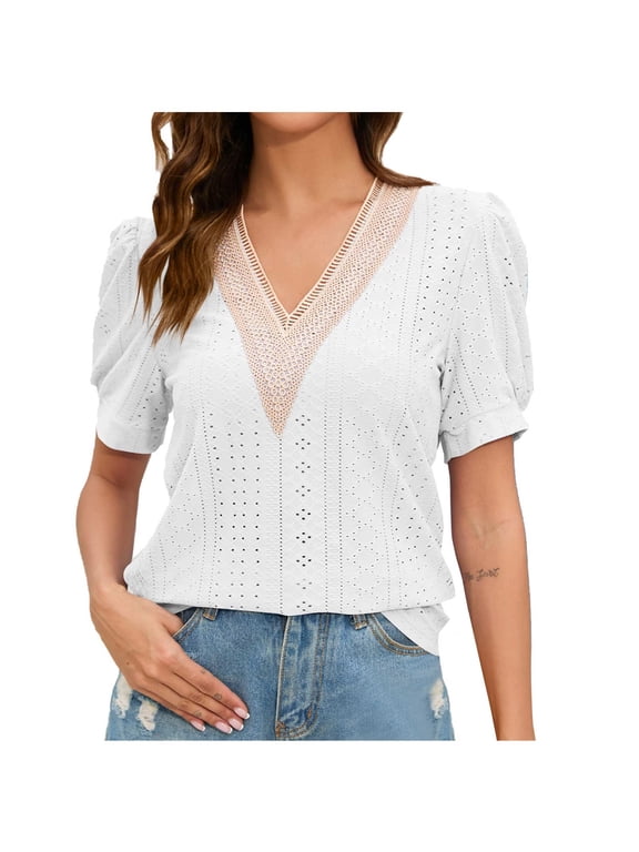 Womens Plus Size Tops Lace V Neck Petal Short Sleeve Blouse Eyelet Hollow Dressy Casual T Shirts