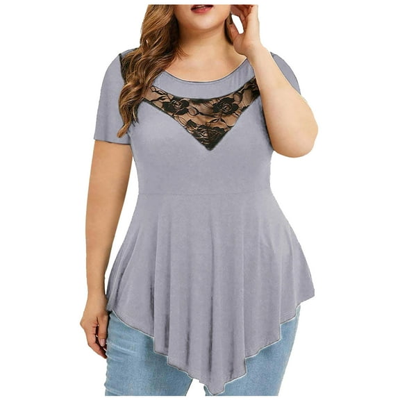 Mittory Womens Plus Size Tops O-Neck Asymmetric Short Sleeve Tunics Lace Blouse Shirts for Summer