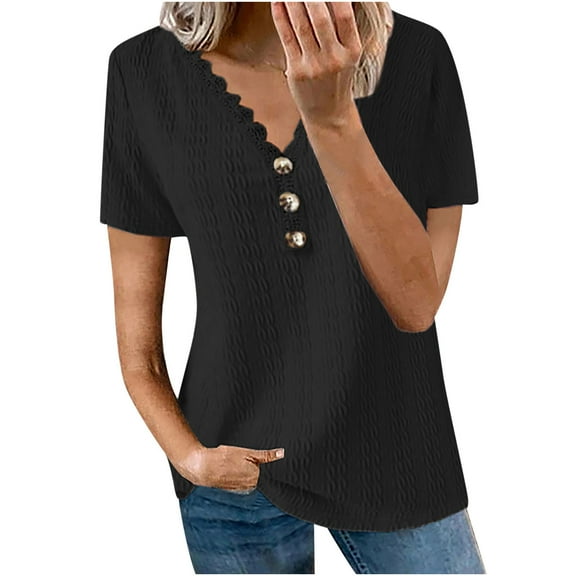 Mittory Womens Plus Size Tops V Neck Short Sleeve Solid Light Weight Button Casual T Shirts