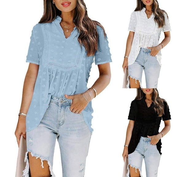 Mittory Womens Puff Sleeve Summer Tops Chiffon Short Sleeve Blouses V Neck Pom Pom Shirts