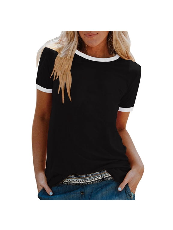 Womens Ringer Tee Crew Neck Color Block Casual Summer Short Sleeve T Shirt