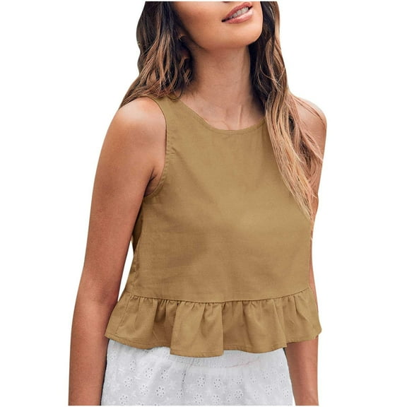 Mittory Womens Round Neck Cotton Linen Tank Tops Regular Fit Solid Color Ruffled Hem Cropped Tops Summer Sleeveless Shirts