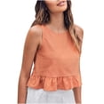 thumbnail image 1 of Mittory Womens Round Neck Cotton Linen Tank Tops Regular Fit Solid Color Ruffled Hem Cropped Tops Summer Sleeveless Shirts, 1 of 8