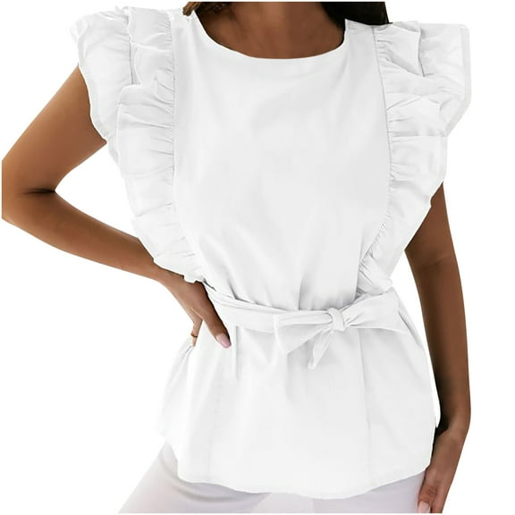 Mittory Womens Ruffle Shirt Tie Waist Top Blouse Sleeveless Shirt Ladies Casual Dressy Tops