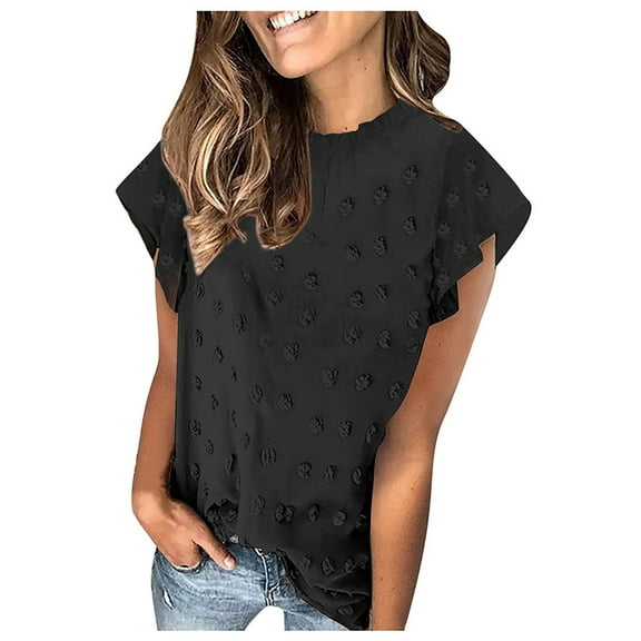 Mittory Womens Ruffle Short Sleeve Chiffon Blouses V Neck Swiss Dot Summer Shirts Dressy Casual Tunic Tops