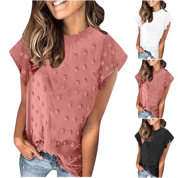 Mittory Womens Ruffle Short Sleeve Chiffon Blouses V Neck Swiss Dot Summer Shirts Dressy Casual Tunic Tops
