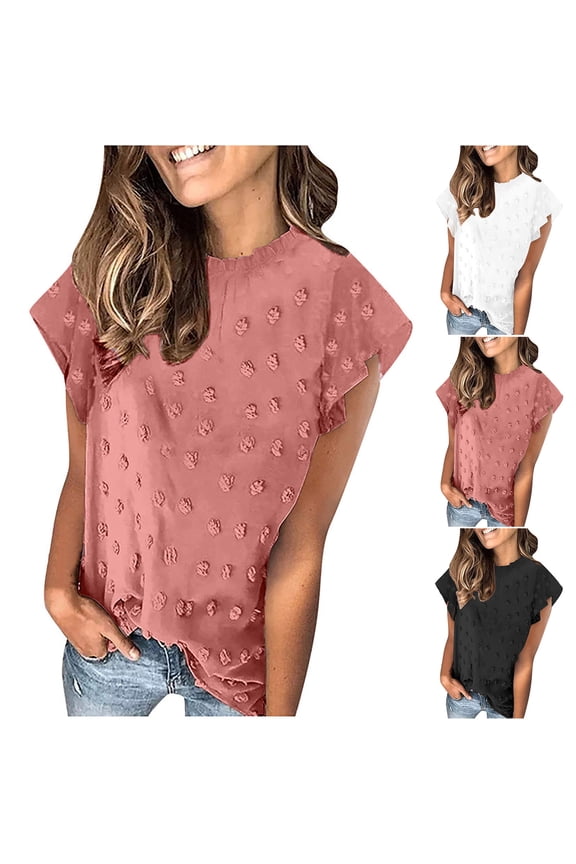 Womens Ruffle Short Sleeve Chiffon Blouses V Neck Swiss Dot Summer Shirts Dressy Casual Tunic Tops