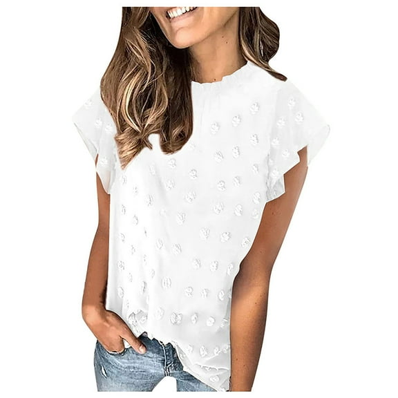 Mittory Womens Ruffle Short Sleeve Chiffon Blouses V Neck Swiss Dot Summer Shirts Dressy Casual Tunic Tops
