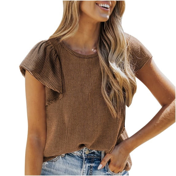 Mittory Womens Shirts Casual Crewneck Cap Sleeve T Shirt Cute Summer Tops Loose Knitted Blouses
