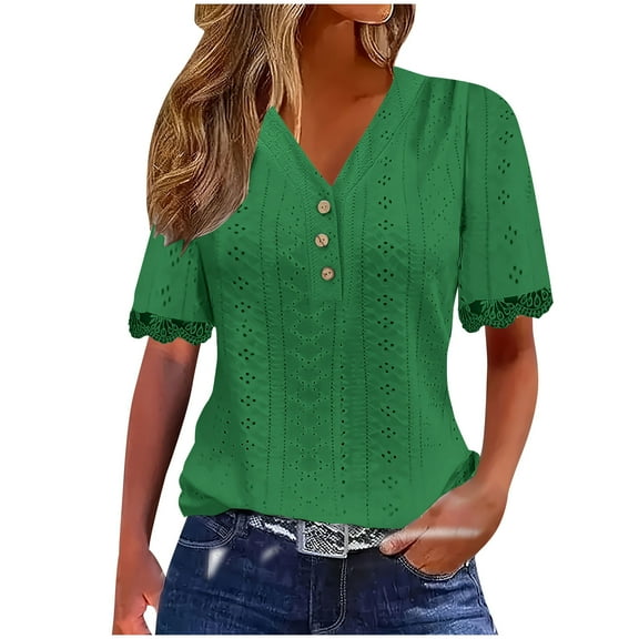 Mittory Womens Shirts Loose V Neck Short Sleeve Lace Eyelet Button Tops Dressy Casual Summer T Shirts Blouses